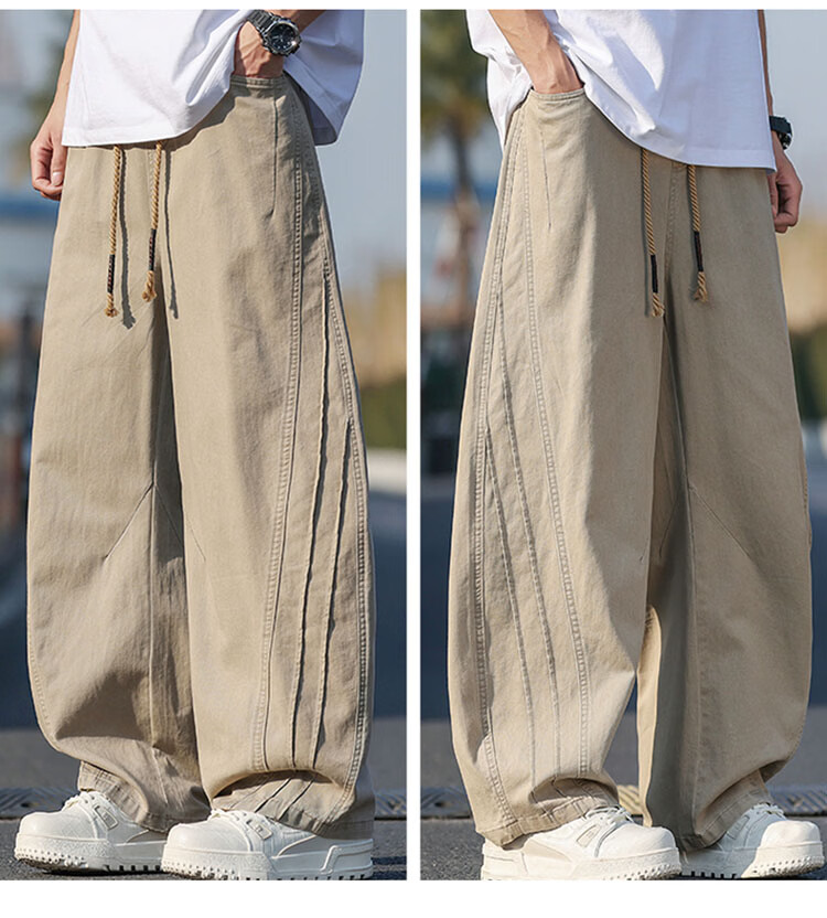 TUCANO Men's Summer Casual Pants Thin Loose Wide-Leg Curved Blade Cargo Pants Trendy Versatile Khaki M 5