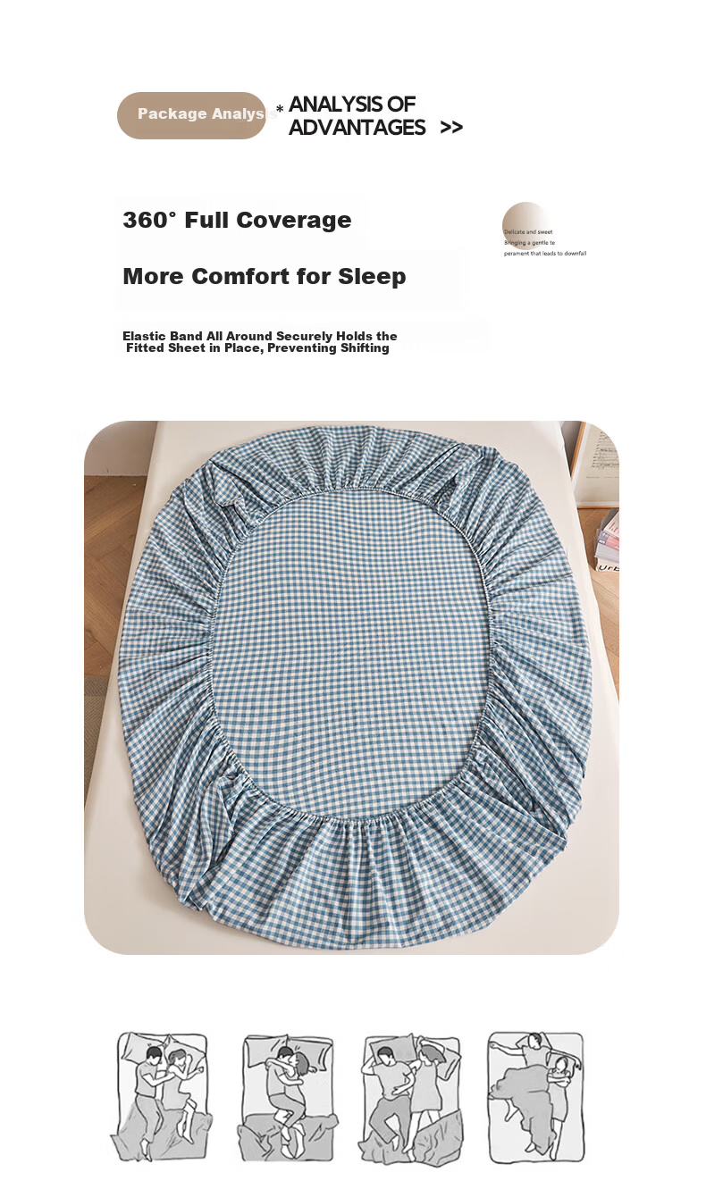 Wuyinliangpin Class A 100% Pure Cotton Fitted Sheet, Single Piece, 1.8x2 Meter Double Bed Cover, Protective Case, Full Coverage Fitted Sheet, Blue Small Check Patter 5