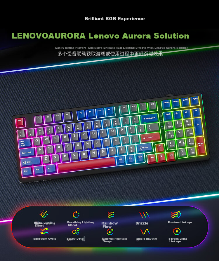 Lenovo GK10 Mechanical Keyboard with Full Hot-Swappable Keys, 20 Backlight Effects, Gaming And Office Computer Keyboard, Aurora Series Three-Mode Version 80-Key Layout, Snow Blue RGB Brown Switch 6