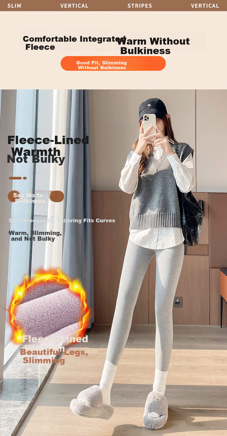 Urban Beauty Women's Fleece-Lined High-Waist Ribbed Leggings Thickened Warm Slim Fit Black Pants for Autumn and Winter 3