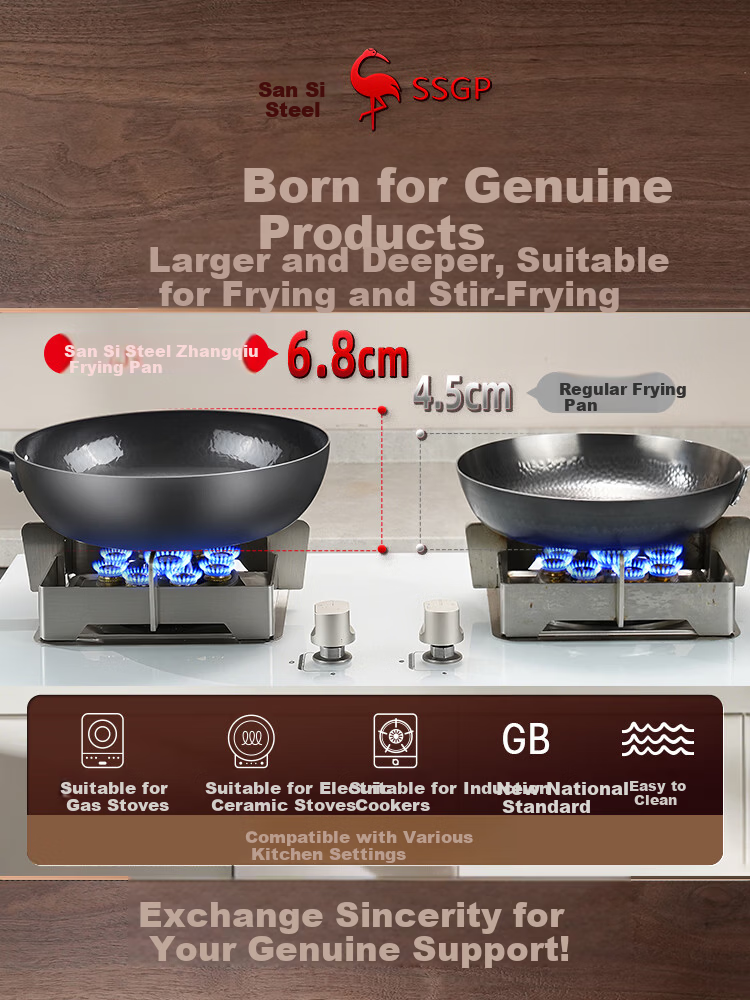 Sansi Steel Zhangqiu Flat Bottom Frying Pan Non-Coated Breakfast Pancake and Egg Pan Cast Iron Skillet Compatible with Induction Cooker and Gas Stove 38741 7