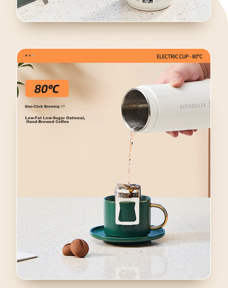 ROYALTY LINE Portable Electric Water Heater Cup Small Electric Kettle Travel Electric Cup Smart Thermostat 304 Stainless Steel Kettle 0.45L 17