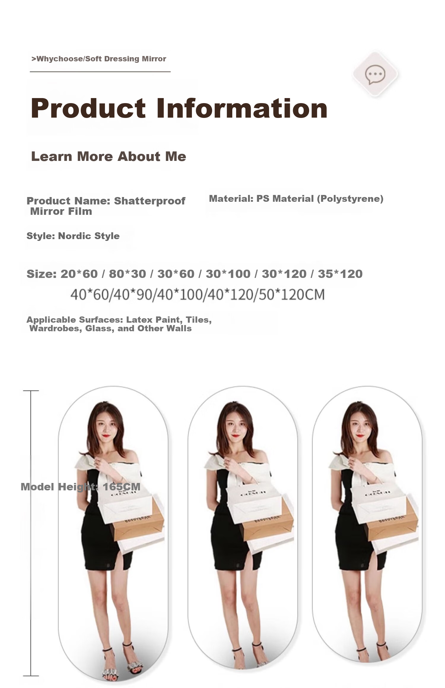 Xiangzhubian Soft Mirror Wall-Mounted Self-Adhesive Acrylic Full-Length Mirror No Drilling Bathroom Dressing Mirror Home Makeup Mirror 40*120cm 21