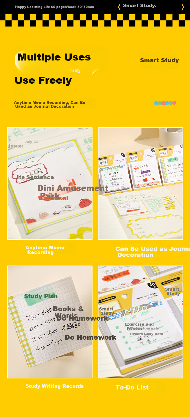 MASMARCU Morning Light Stationery Smart Study Sticky Notes High-Quality 40 Sheets Adhesive Label Memo Paper Medium Size Student Simple Notepad Random YS0352 Exam Essential 9
