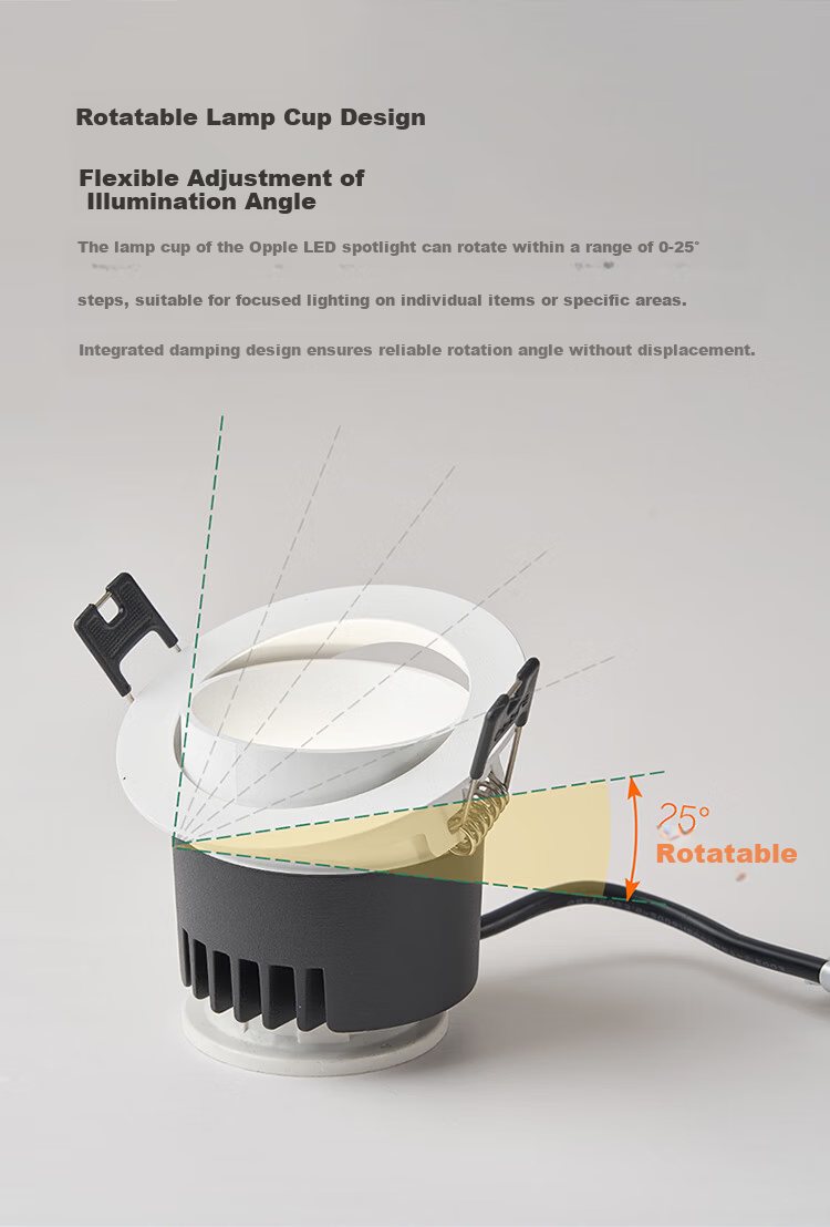 OPPLE High CRI Anti-Glare LED 24° Adjustable Spotlight Bright Aluminum 7W White Light Cutout 7.5-7.8cm 3