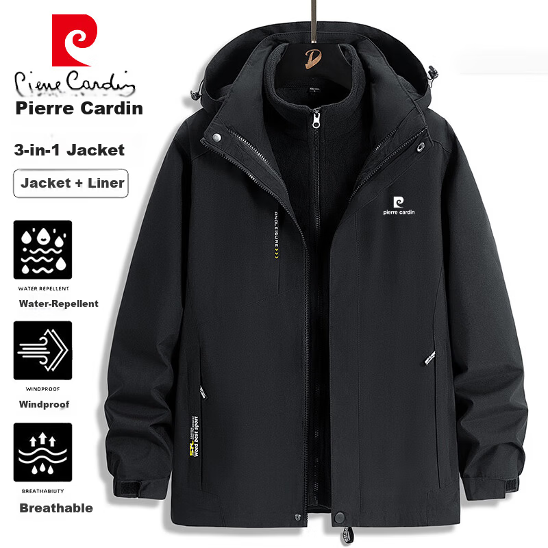 Pierre Cardin Men's Autumn Winter Casual 3-in-1 Windproof Outdoor Mountaineering Jacket Black 3XL