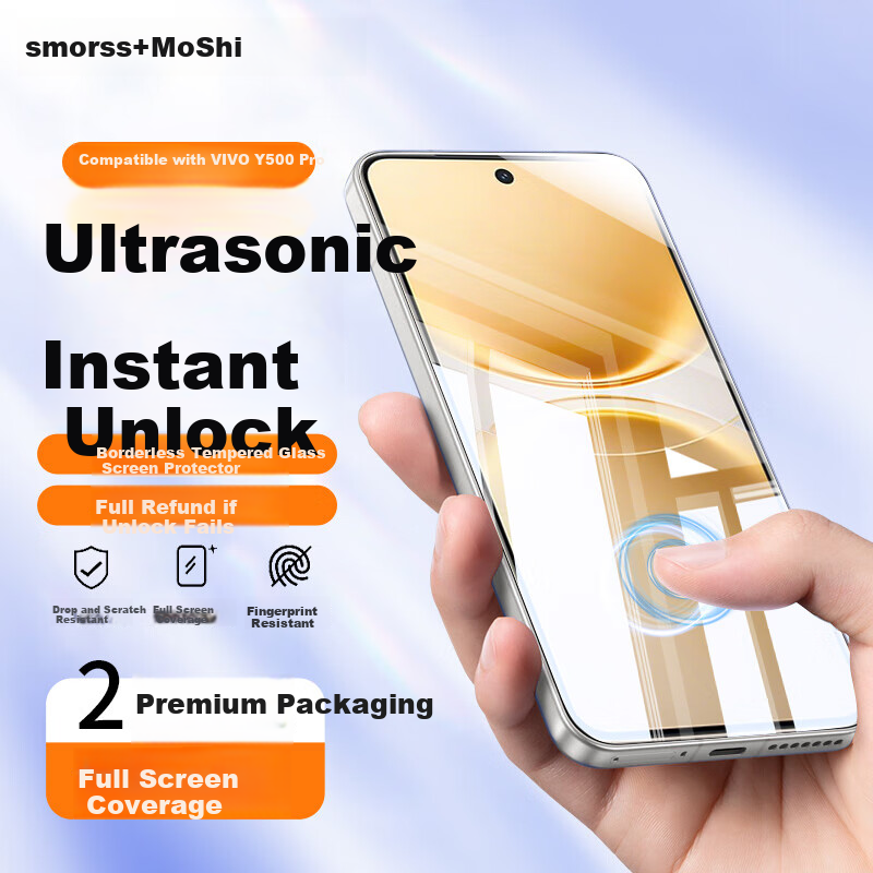 Smorss [2 Pieces No Black Edges] Tempered Glass Screen Protector for vivo Y500Pro, High-Definition Anti-Fingerprint Anti-Shock Protective Film with Ultrasonic Unlock Support