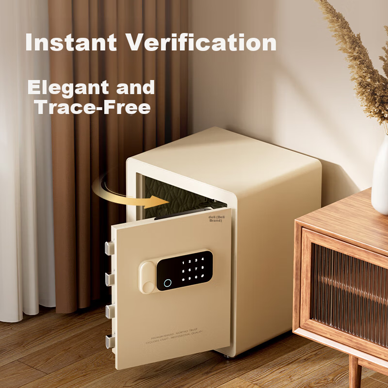 Deli Safe Deposit Box with Home Fingerprint Password Lock, Office Financial Security Box, Automatic Door Opening, Thickened Lock Bolt, 45cm Milk Coffee Color AE640-Z