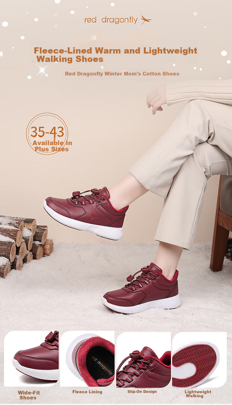 Red Dragonfly Women's Walking Shoes Autumn Winter Fleece Lightweight Breathable Casual Cotton Shoes EXC451011 Wine Red Size 35 1