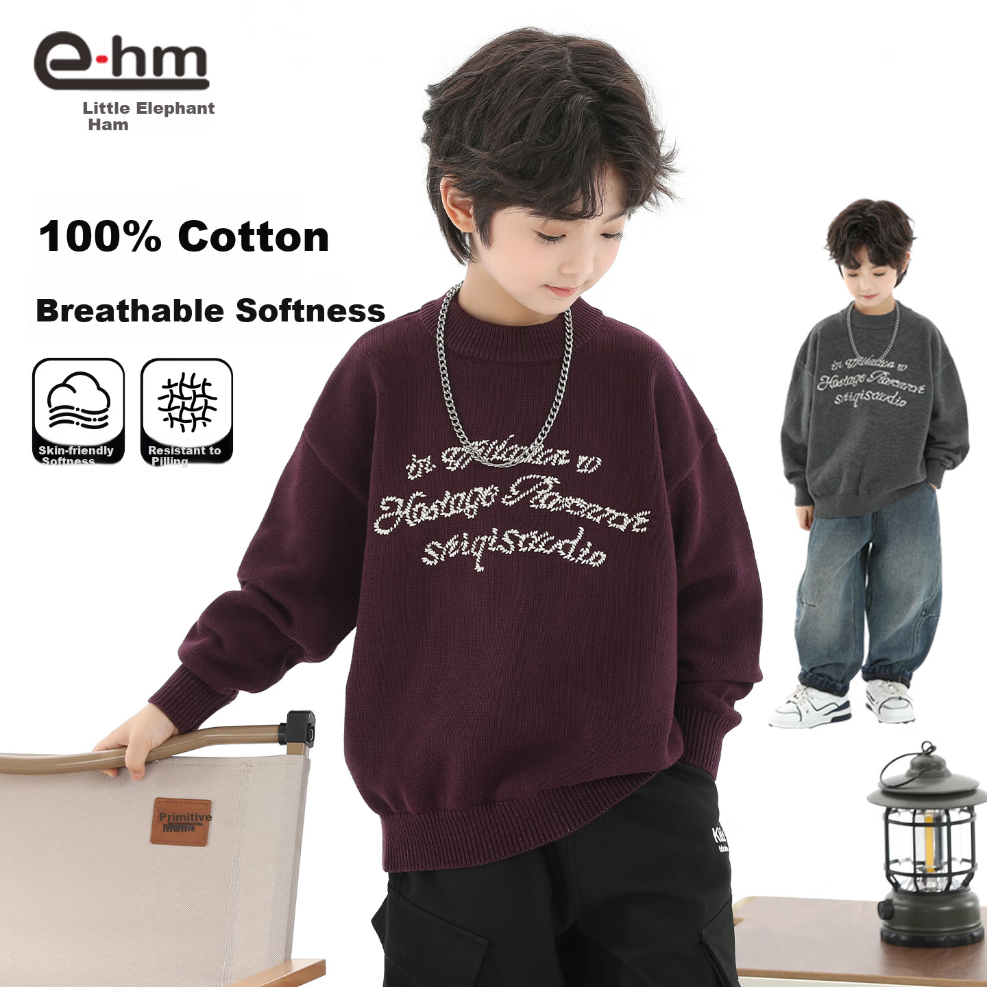 Little Elephant Ham Boys' Knitted Crew Neck Sweater Base Shirt Yellow [100% Cotton Skin-Friendly Non-Itchy] 120 cm