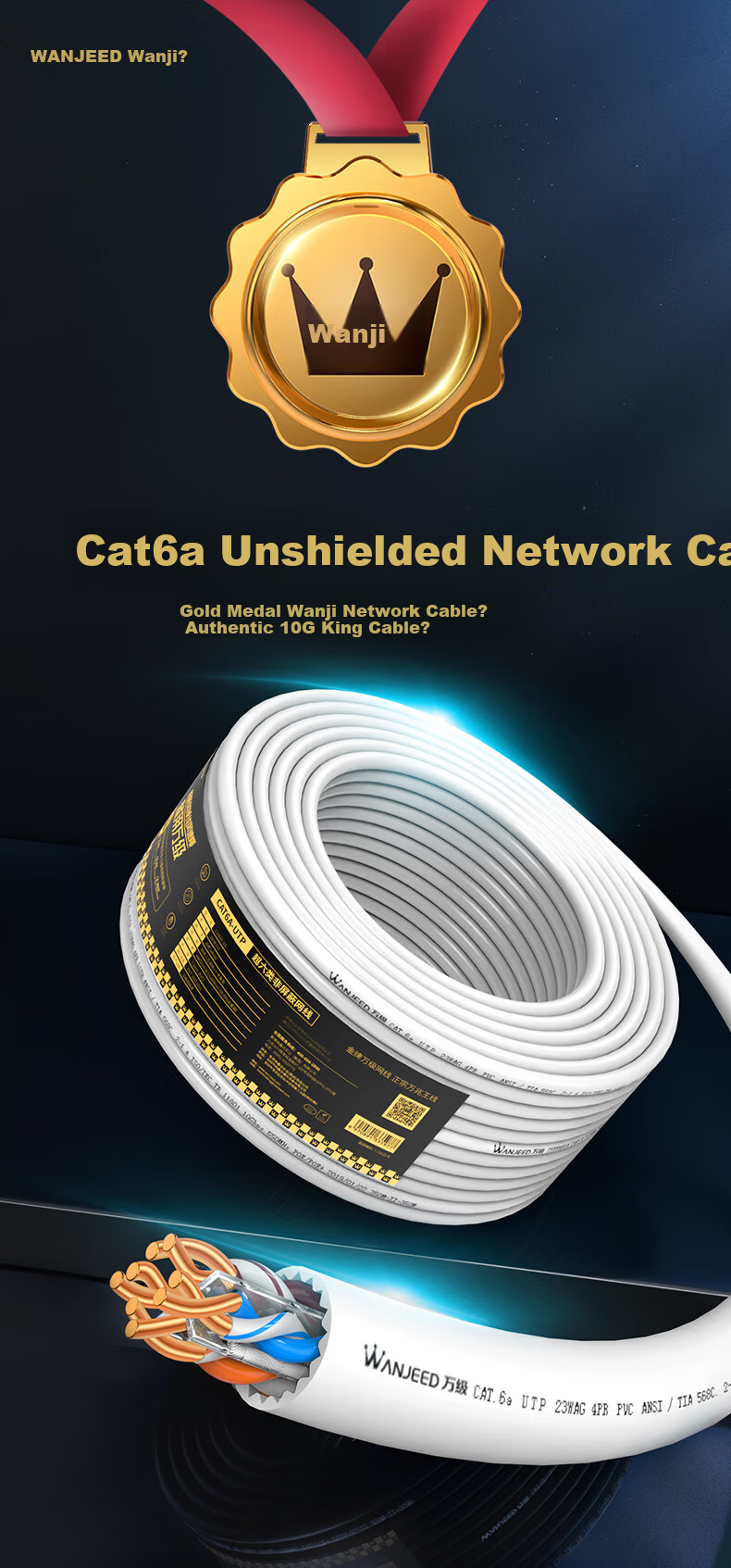 WANJEED CAT6A Unshielded Ethernet Cable, National Standard 23AWG-0.57mm Pure Oxygen-Free Copper Core, 10 Gigabit High-Speed Network Engineering Home Wiring Monitoring Cable, One Box 30 Meters, White 1