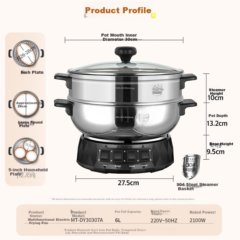 MeiLing Electric Frying Pan New Generation Healthy Large Capacity 304 Stainless Steel Electric Steamer Electric Cooker Stew Steam Cook Non-Stick Multifunctional All-in-One Electric Pot Multi-Purpose E