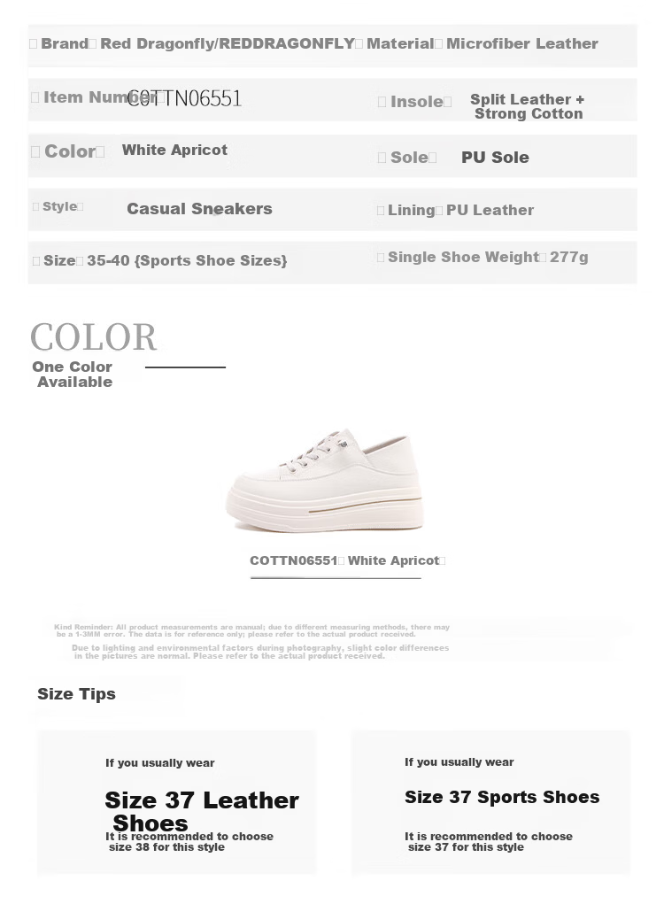 Red Dragonfly Women's Low-top Lace-up Sneakers Lightweight Height-increasing Wear-resistant Casual Shoes C0TTN06551 White Apricot Size 38 7