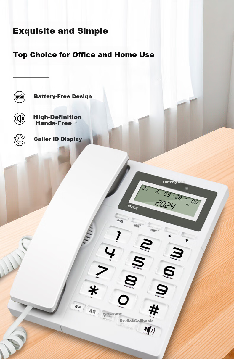 Taifeng 888 Landline Phone Fixed Telephone Office Home Wired Phone Battery-Free Dual Interface Hands-Free Caller ID TF202 White 1