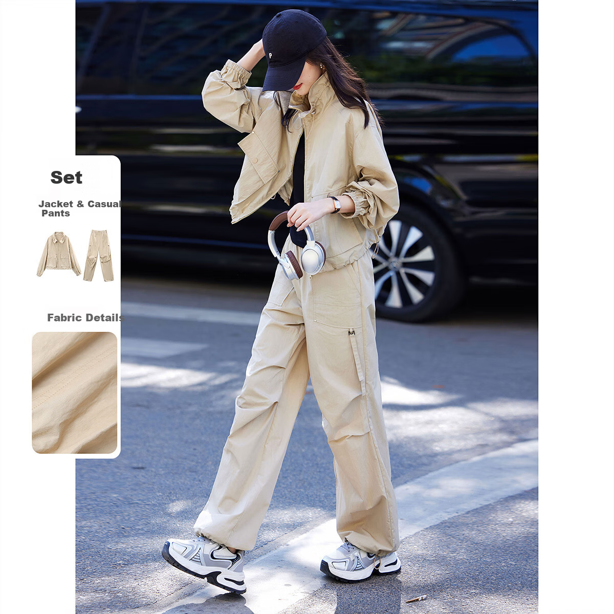 Awakening Paradise 26 Spring New Stand Collar Drawstring Jacket High Waist Cargo Joggers Lightweight Casual Set Khaki S
