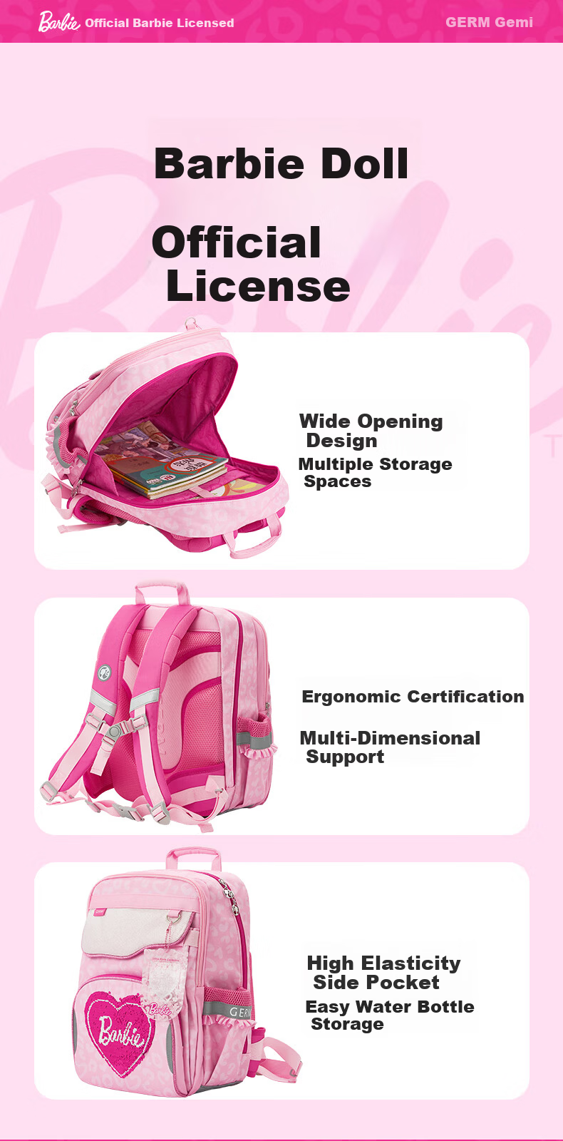 Germ Barbie Backpack for Elementary School Girls Grades 1-6 Lightweight Large Capacity Pink Ergonomic School Bag 8