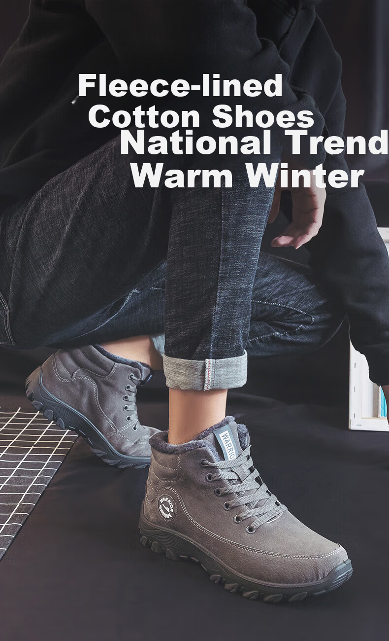 Warrior Official Men's Winter Cotton Shoes 2025 Warm Snow Boots Thickened Fleece Gray Size 44 1