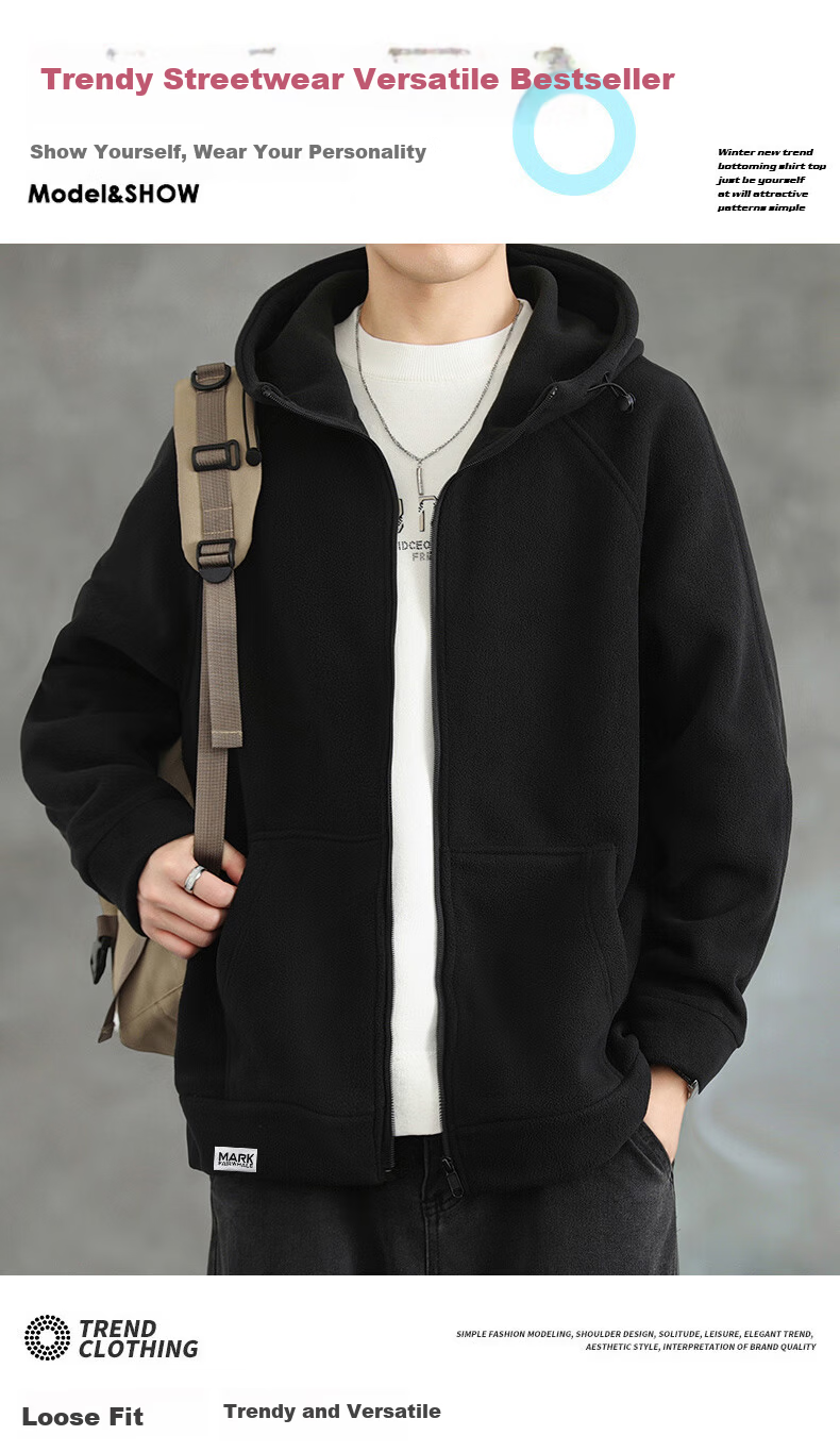 Mark Fairwhale Men's Hoodie Autumn Winter Fleece-Lined Zip-Up Jacket Loose Warm Casual Top Gray Fleece 2XL 1