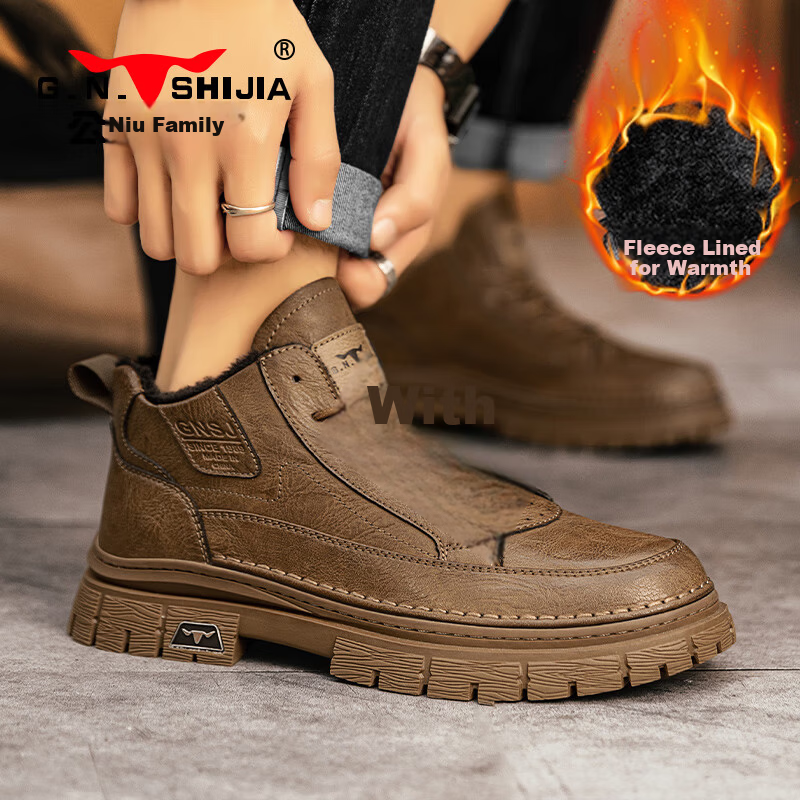 Bull Family Martin Boots Men New British Style Mid-High Casual Shoes Outdoor Fleece-Lined Warm Work Boots for Men
