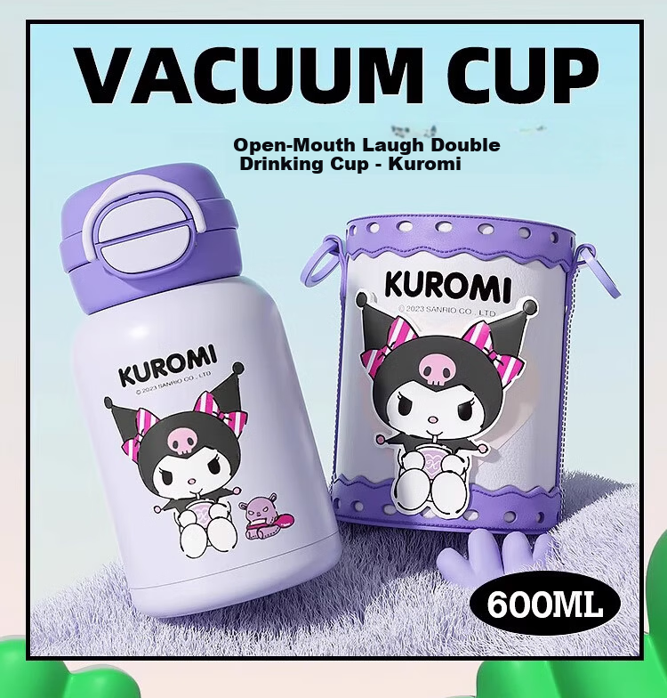 BEDDYBEAR Open Mouth Smile Dual Lid Kids Thermos Bottle with Straw 316 Stainless Steel Large Capacity Insulated Flask 600ML Kuromi 7