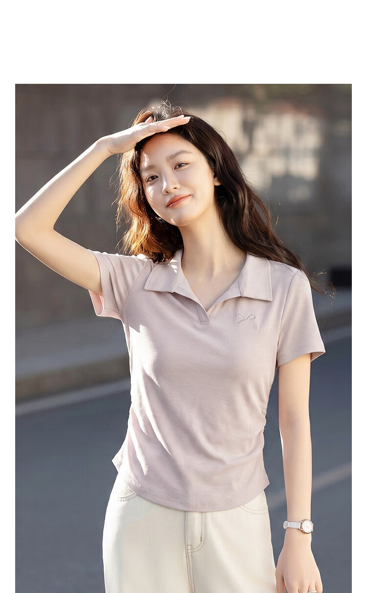 Demana [Comfort Cloud Cotton] Summer Simple Style Lapel Elastic Side Seam Bow Embroidery Slim Fit T-Shirt for Petite Women 9