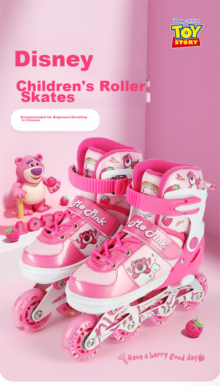 Disney Strawberry Bear Children's Roller Skates, Full Flash Inline Skates, Adjustable Ice Skates for Girls, Beginner Skating Shoes 1