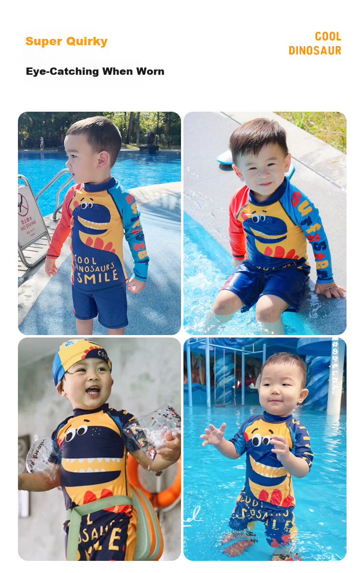 Sulang UPF50+ Sunscreen | 20% Spandex High Elastic Long Sleeve Shorts Boys Children's Swimsuit Dinosaur Walk 140 2