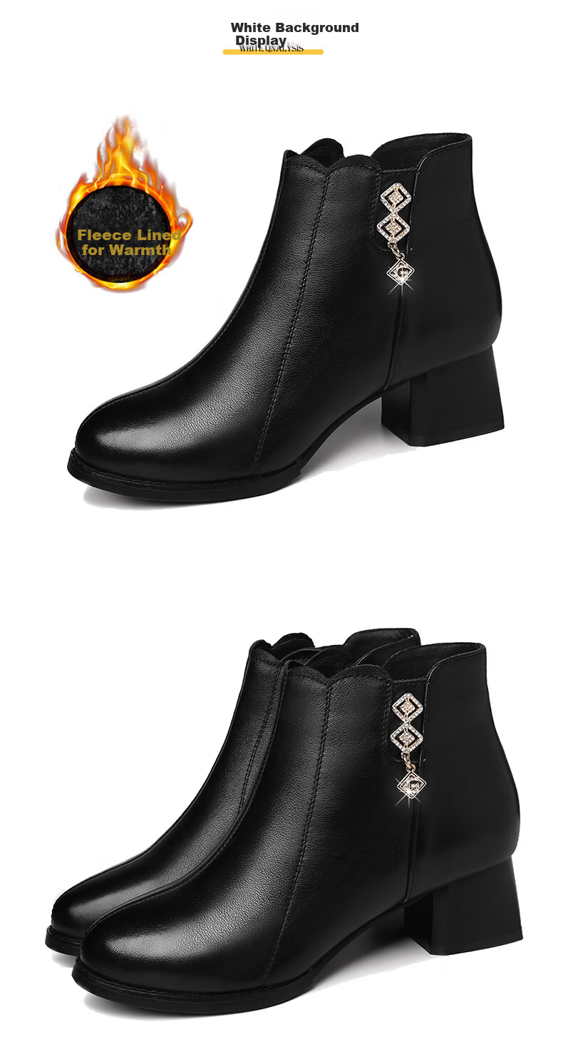FUGUINIAO Genuine Leather Cowhide Women's Ankle Boots Autumn Winter Fleece Lined Warm Pointed Toe Chunky Heel Fashion Boots Black Size 35 9