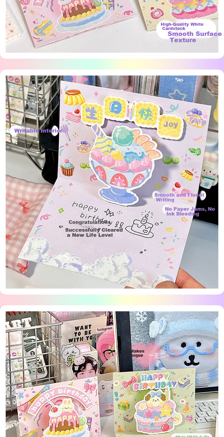 Jufu Ins Cream Cake Birthday Card Set of 4 3D Pop-up Oil Painting Foldable Creative Cake Message Cards for Valentine's Day Mother's Day Graduation Anniversary Handwritten Gift 3