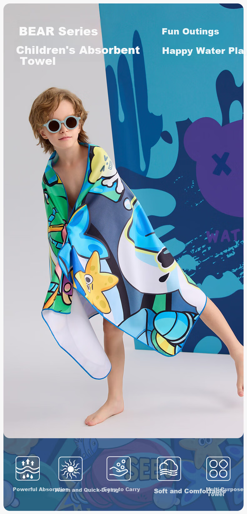 WATERTIME / Shuichuan Children's Cartoon Cute Swimming Absorbent Quick-Dry Beach Bath Towel - Azure Winnie 2