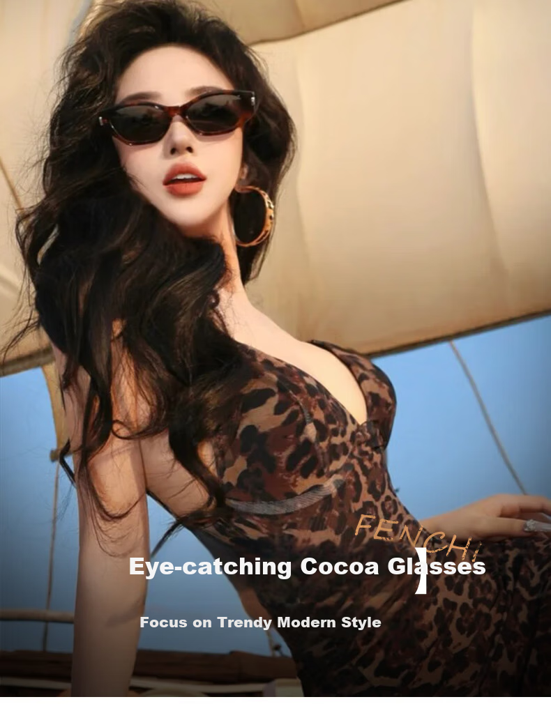 FENCHI Vintage Cat Eye Sunglasses Cocoa Frame UV Protection Narrow Frame Ins Style Women Sunglasses 6