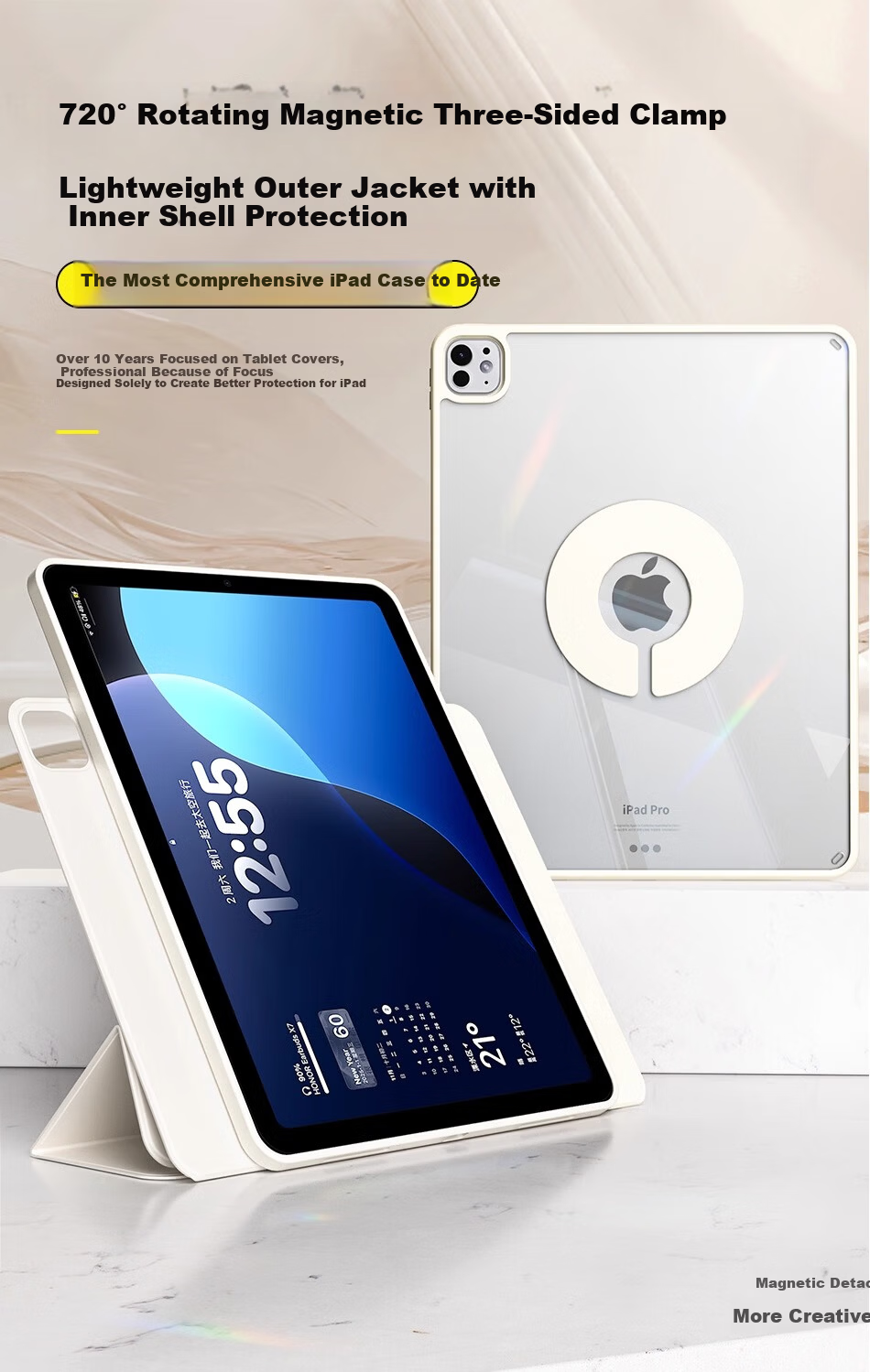 RBP Compatible IPad 11 Protective Case, A16 Universal 10th Generation Tablet Cover, Full Protection Shockproof, 720° Rotating Magnetic Detachable Anti-Bend Acrylic Side Pen Holder - White 1
