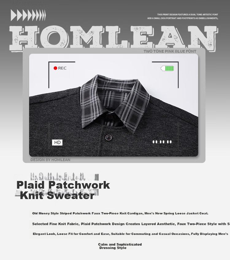 Homlean Plaid Patchwork Knitwear Old Money Style Fake Two-Piece Men's Spring Cardigan Loose Jacket HJ13 Black 2XL 1