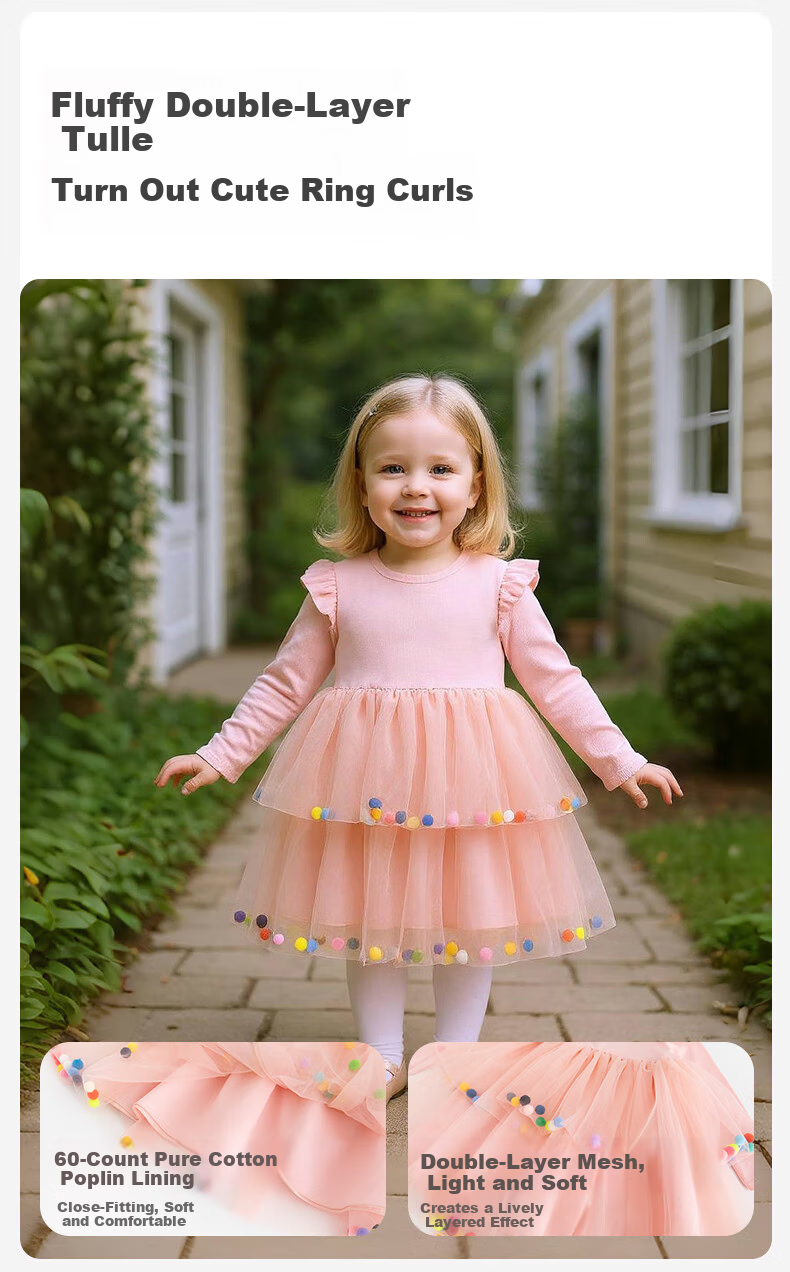 Babyprints Girls' Dress Sweet Tulle Long Sleeve Baby Dress Spring Autumn Princess Dress Toddler Birthday Dress Size 120 6
