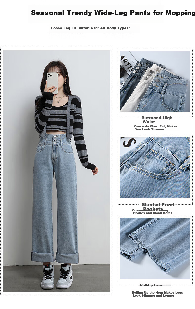 Pierre Cardin Jeans for Women, Summer Casual Slimming Heightening Versatile Fashion High-Waisted Wide-Leg Pants, Vintage Blue, Size L 3