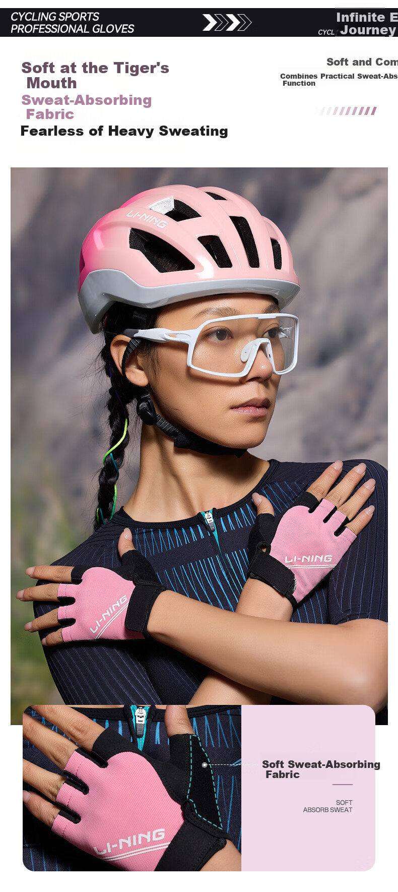 LI-NING Women's Summer Cycling Gloves Half Finger Professional Shockproof Non-Slip Road Mountain Bike Gear 6