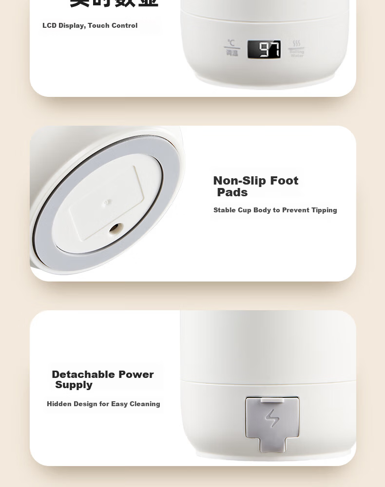 ROYALTY LINE Portable Electric Water Heater Cup Small Electric Kettle Travel Electric Cup Smart Thermostat 304 Stainless Steel Kettle 0.45L 26