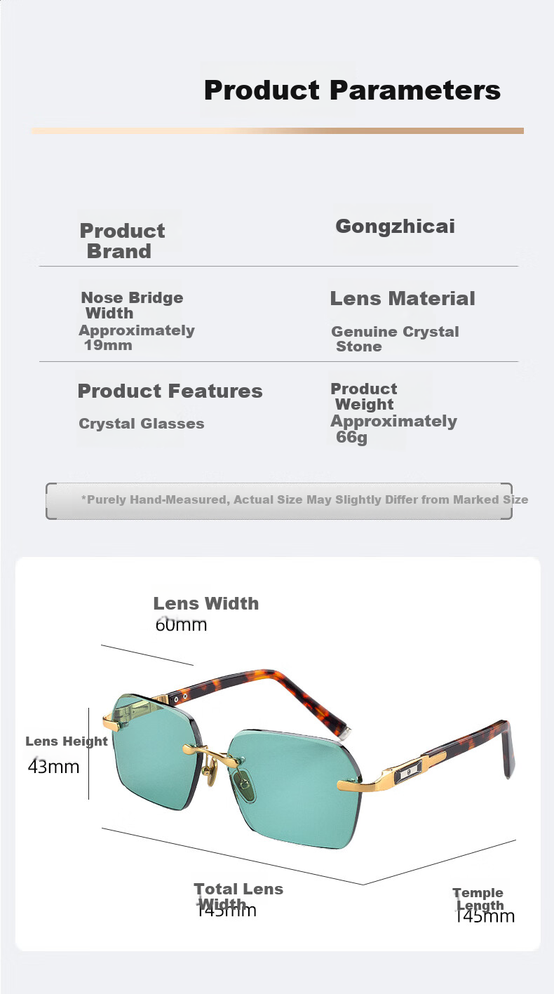 Gongzhicai Premium Frameless Green Crystal Stone Sunglasses Cool Non-Prescription Men's Trendy Sunglasses Real Donghai Stone Sunshade Eye Protection 2
