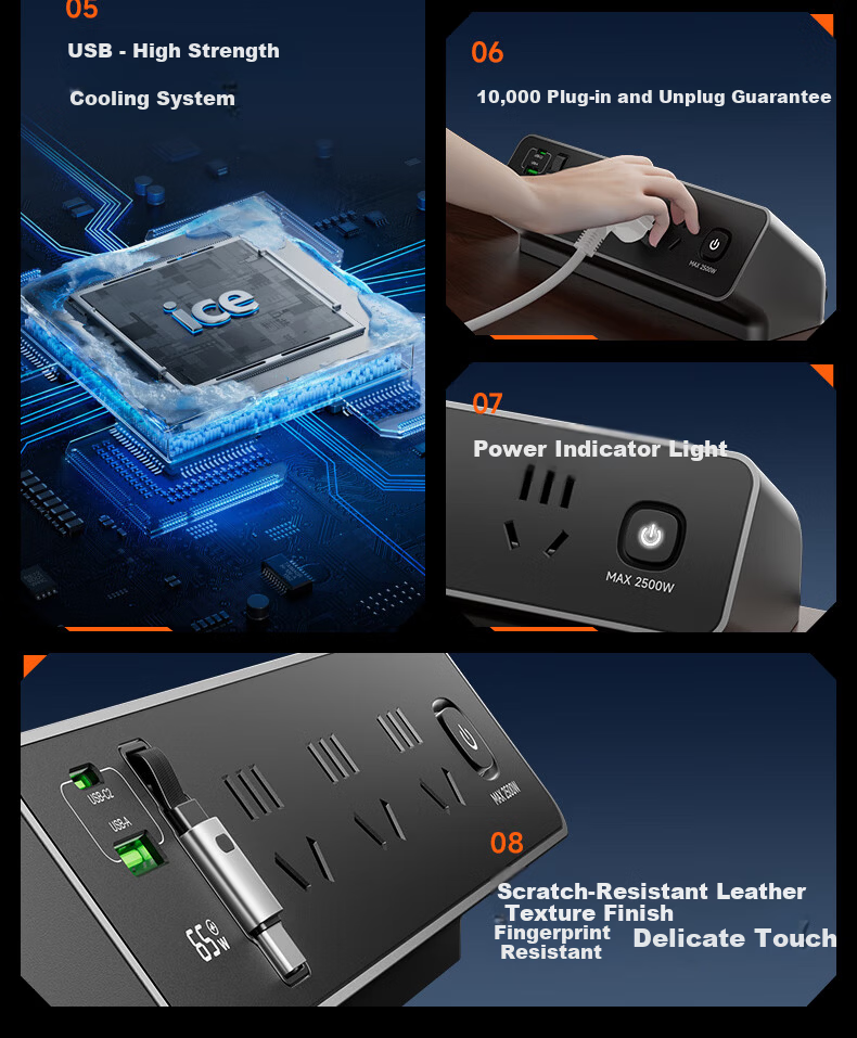 Comfort Desktop Pop-up Power Strip with Digital Display, No-drill Adhesive Clamp Extension Socket for Home, Dormitory, Office Desk Organizer 7