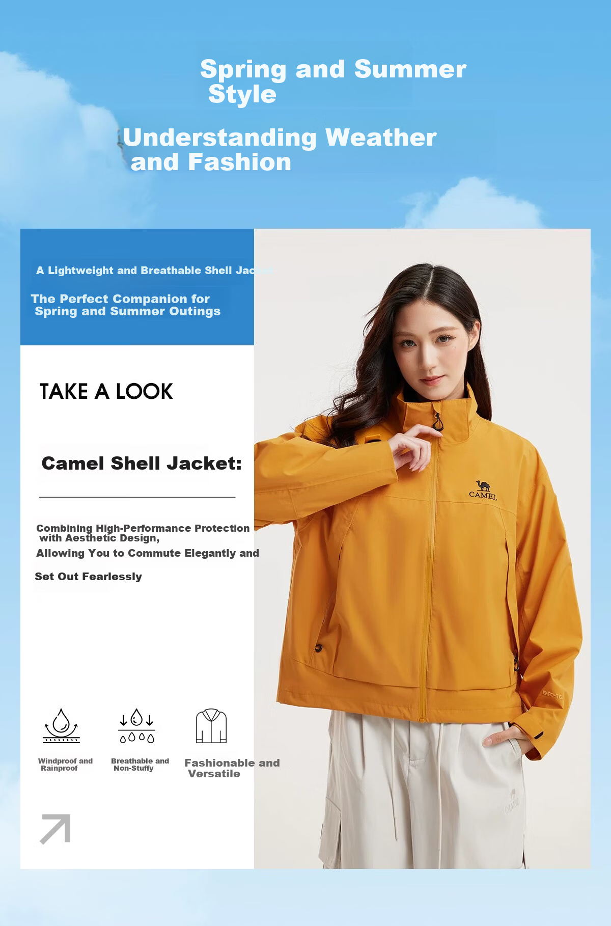 Camel Women's Outdoor New Yellow Short Windproof Waterproof Jacket Unisex Hiking Mountaineering Coat 5