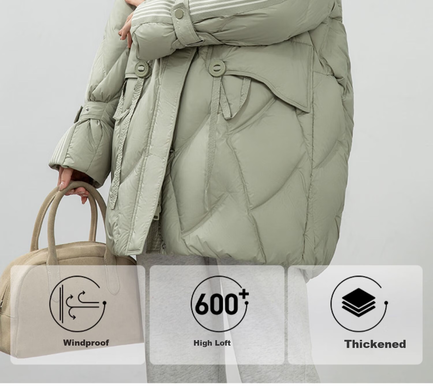 BLOOM FLOWERS Women's Down Jacket 2025 Winter Mid-Length Solid Color Striped Fashion Casual Hooded Warm Coat 2