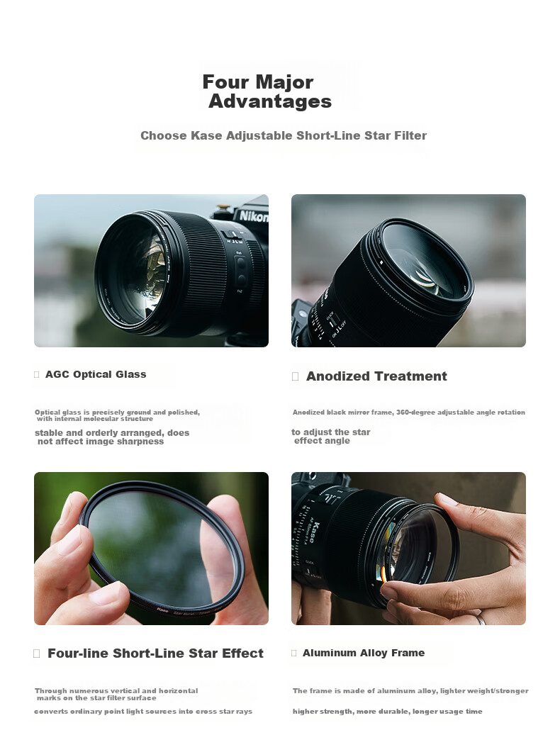 Kase Starburst Lens 77mm Adjustable Four-Line Short-Line Scattering Filter for Night Scene, Car Lights, Fireworks, and Starry Highlights 2