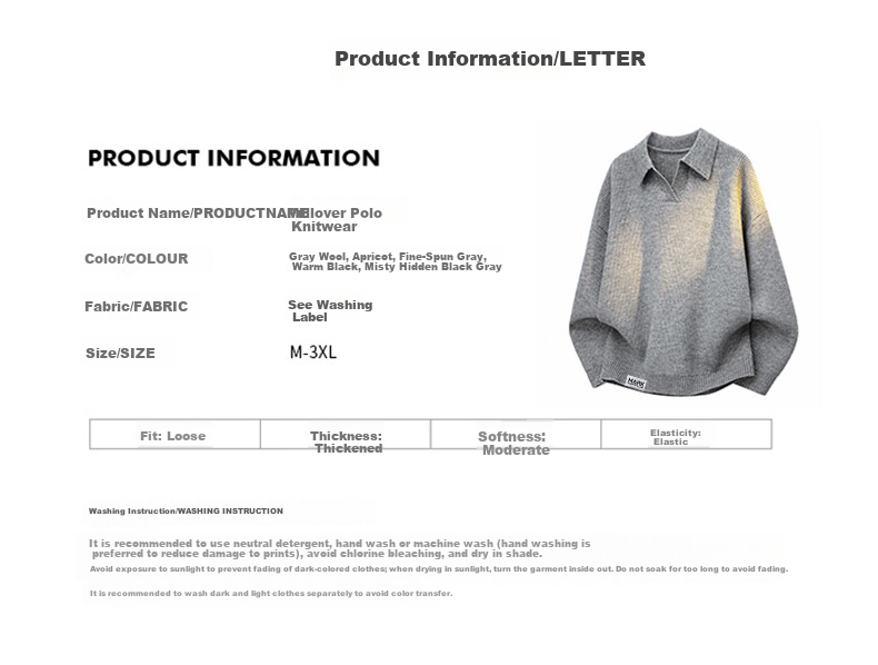 Mark Fairwhale Men's Sweater Autumn Winter Loose Fit Lapel Pullover Knitwear Youth Top Gray Apricot 2XL 2