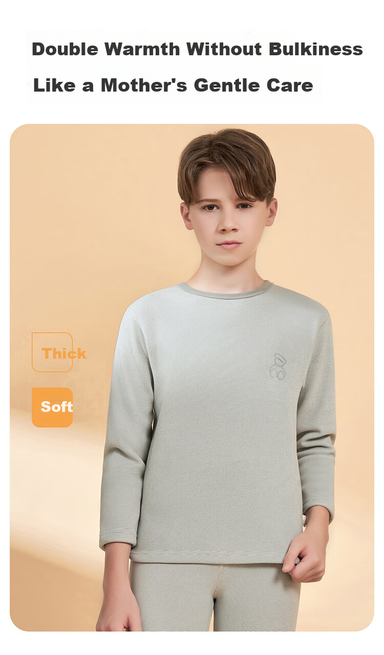 Hodo Kids Boys Thermal Underwear Set Fleece Lined Thickened Cationic Winter Heat Retaining Autumn Shirt and Pants Gray Thin Stripes 6