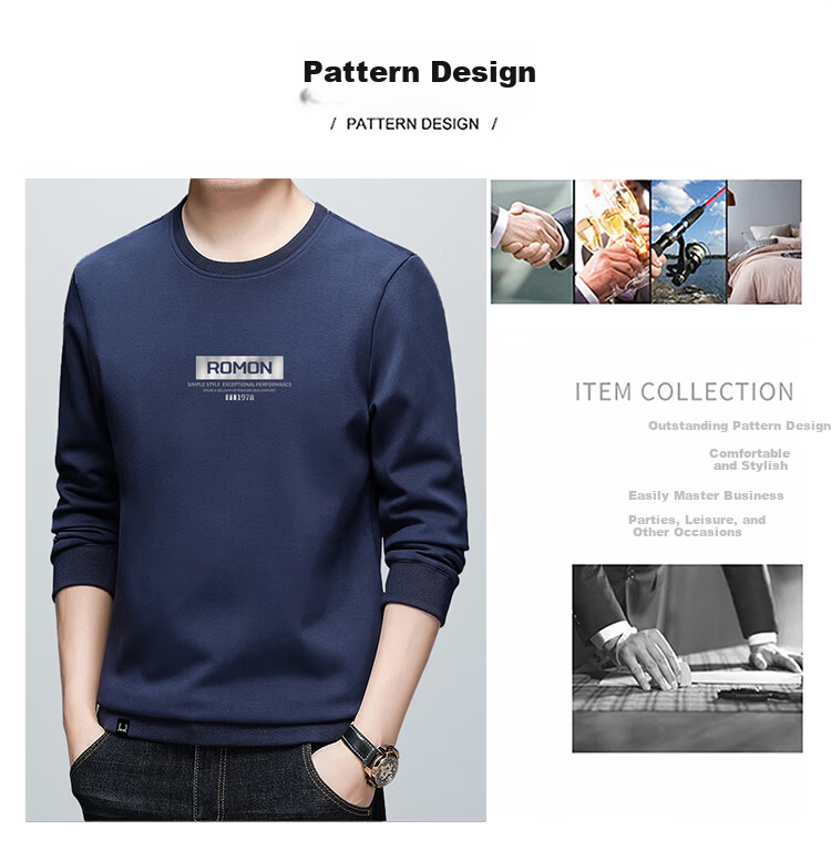 ROMON Men's Sweatshirt, Spring Trendy Long-Sleeve T-Shirt, Business Casual Loose Round Neck Top, Base Layer, L52 Blue 4XL 2
