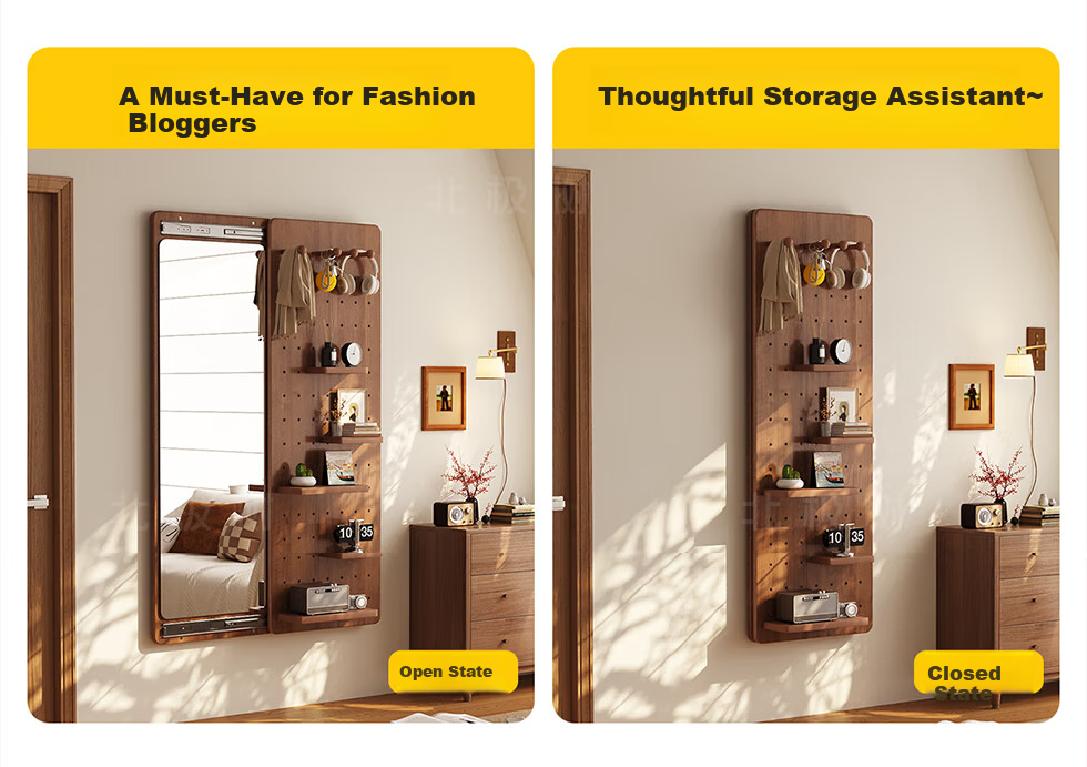 Arctic Tree Solid Wood Pegboard Dressing Mirror Hidden Sliding Mirror Home Wall-Mounted Concealed Entryway Fitting Mirror 11