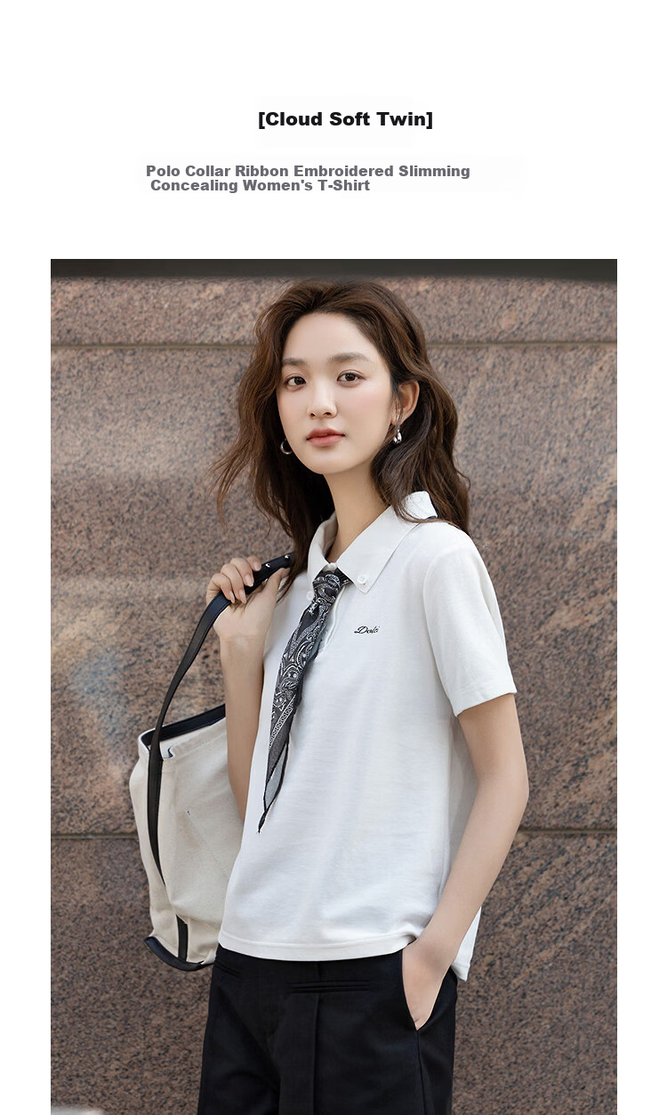 Demana [Refreshing Cloud Oxygen Cotton] Summer Pique Mesh Polo Collar Ribbon Embroidered Slim Fit T-Shirt for Women Premium Feel 5