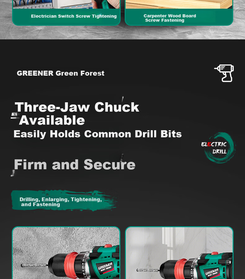 Greenlin 16.8V Brushless Cordless Drill 4-in-1 Multi-Function Lithium Battery Quick-Change Chuck Household Power Handheld Hammer Drill 7