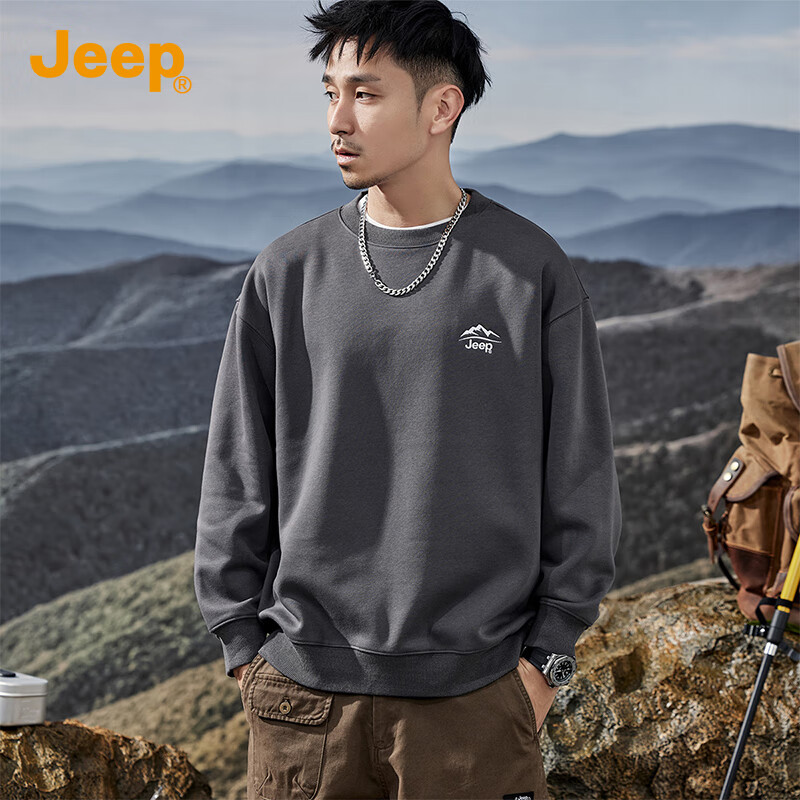 JEEP Spring And Autumn Round Neck Sweatshirt for Men, Loose Casual Sports High-End T-Shirt Top Outerwear