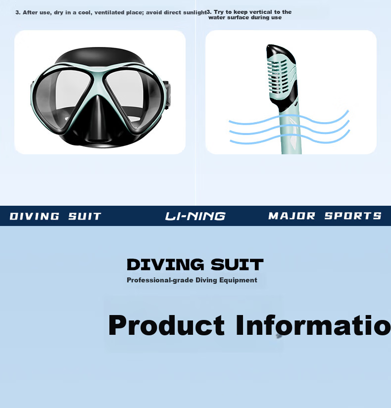 LI-NING Full Dry Snorkel Mask Anti-Fog Diving Goggles Adult Snorkeling Swimming Gear Black Green 19